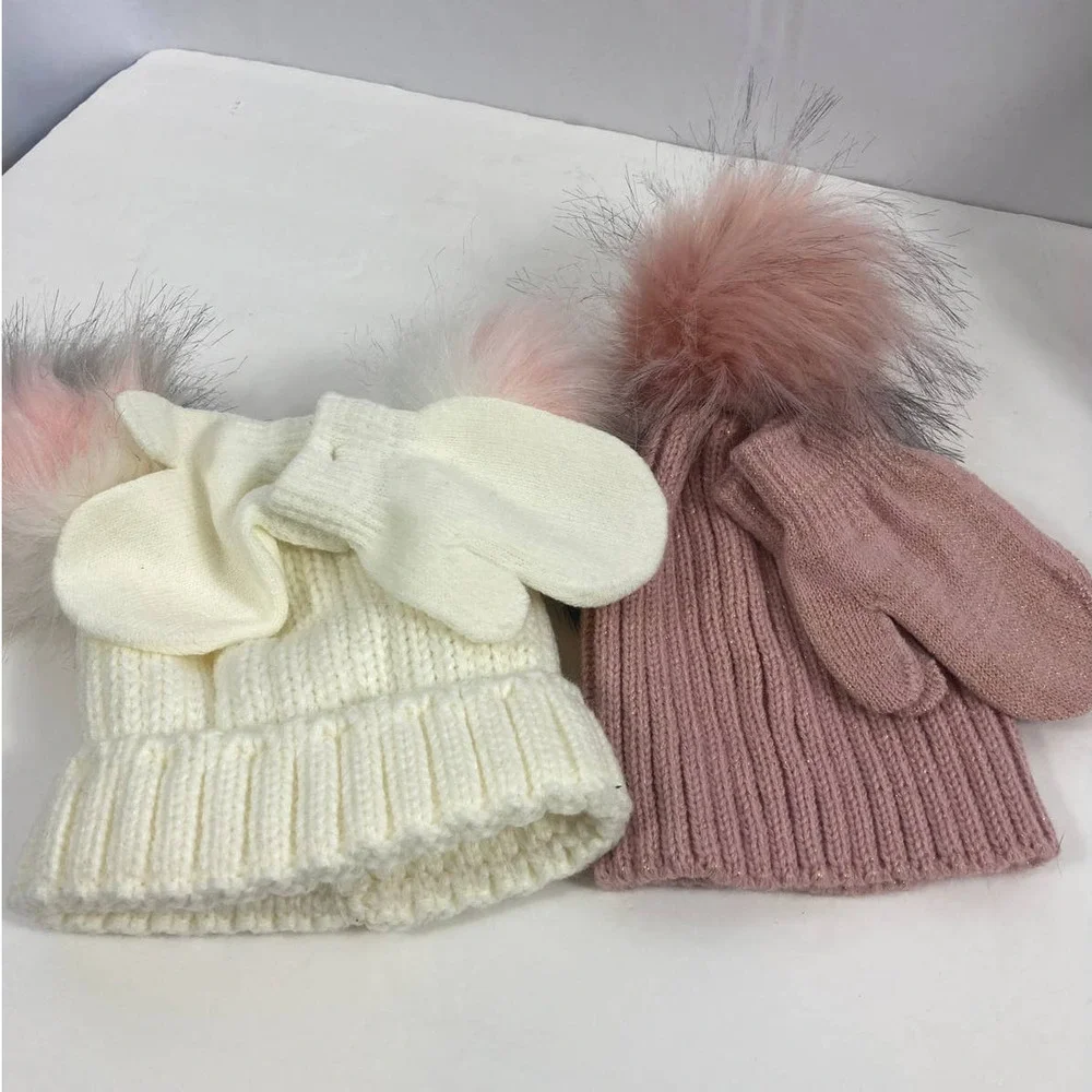 NWT Curls & Pearls Couture Toddler Beanie and mitten set of 2 pink/white